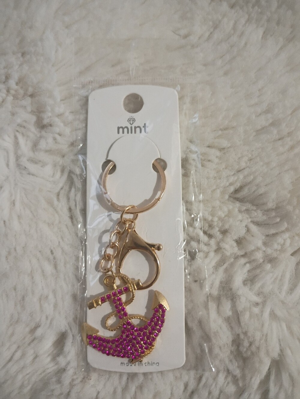Mint Gold Anchor Keychain with Pink Rhinestones